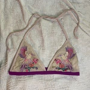 Top shop mesh and embroidery hummingbird and floral swim top.